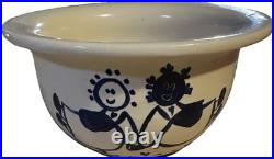 Vtg Farmhouse Ceramic Stoneware Salt Glazed Bowl Cream Navy Blue Cobalt Signed