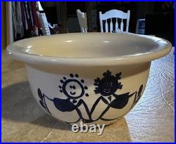 Vtg Farmhouse Ceramic Stoneware Salt Glazed Bowl Cream Navy Blue Cobalt Signed
