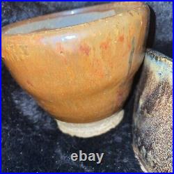 Vtg Florrie Handmade Studio Art Pottery Bowls, Drip Glaze, Pair