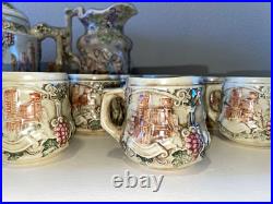 Vtg German Castle Stoneware Punch Bowl Tureen Set 12 Mugs Pitcher 14pc LN Mark