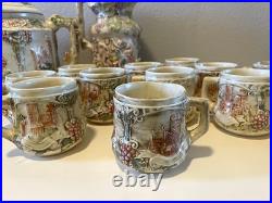 Vtg German Castle Stoneware Punch Bowl Tureen Set 12 Mugs Pitcher 14pc LN Mark