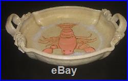 Vtg Hand Made/thrown Pottery Bowl W Hand Painted Lobster Inside & Sculpted Edge