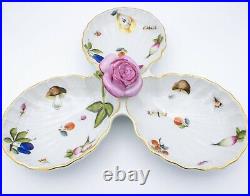 Vtg Herend Porcelain 3-Part Relish with Rose Finial Market Garden Pattern