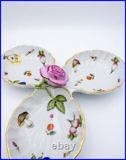 Vtg Herend Porcelain 3-Part Relish with Rose Finial Market Garden Pattern