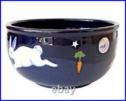 Vtg Karen Howell Legend Rabbit Moon BOWL artisan leaping bunnies blue 7.25x4