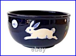 Vtg Karen Howell Legend Rabbit Moon BOWL artisan leaping bunnies blue 7.25x4