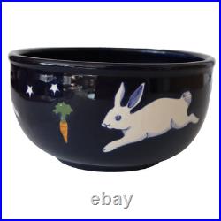 Vtg Karen Howell Legend Rabbit Moon BOWL artisan leaping bunnies blue 7.25x4