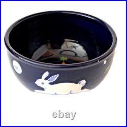 Vtg Karen Howell Legend Rabbit Moon BOWL artisan leaping bunnies blue 7.25x4