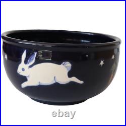 Vtg Karen Howell Legend Rabbit Moon BOWL artisan leaping bunnies blue 7.25x4