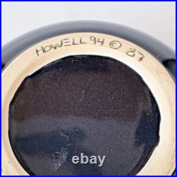 Vtg Karen Howell Legend Rabbit Moon BOWL artisan leaping bunnies blue 7.25x4
