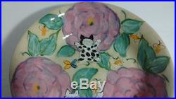 Vtg LESAL Ceramics Pink Roses, Cats, Butterflies & Bees Hand Signed Pottery Bowl