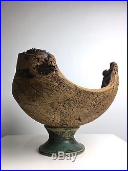 Vtg Large Sculptural Stoneware Turquoise Studio Pottery Bowl Mid Century Modern