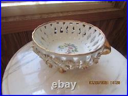 Vtg Limoges Reticulated Raised Floral Footed Centerpiece Bowl Gold Trim France