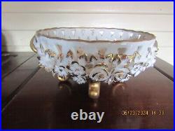 Vtg Limoges Reticulated Raised Floral Footed Centerpiece Bowl Gold Trim France