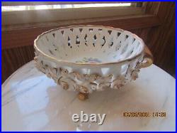 Vtg Limoges Reticulated Raised Floral Footed Centerpiece Bowl Gold Trim France