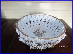 Vtg Limoges Reticulated Raised Floral Footed Centerpiece Bowl Gold Trim France