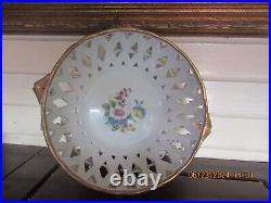 Vtg Limoges Reticulated Raised Floral Footed Centerpiece Bowl Gold Trim France