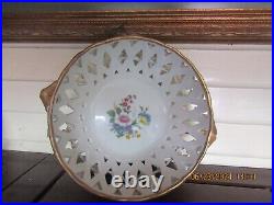 Vtg Limoges Reticulated Raised Floral Footed Centerpiece Bowl Gold Trim France