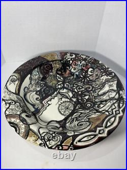 Vtg MCM Large 18.5 Finely Done Intricate Abstract Design Ceramic Bowl -Signed