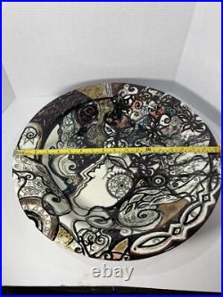 Vtg MCM Large 18.5 Finely Done Intricate Abstract Design Ceramic Bowl -Signed