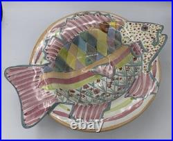 Vtg MacKenzie Childs Fish Story Bowl Plate Red Clay Aurora NY Hand Painte Retire