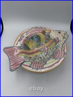 Vtg MacKenzie Childs Fish Story Bowl Plate Red Clay Aurora NY Hand Painte Retire