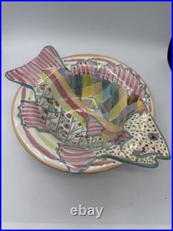 Vtg MacKenzie Childs Fish Story Bowl Plate Red Clay Aurora NY Hand Painte Retire