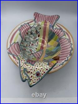 Vtg MacKenzie Childs Fish Story Bowl Plate Red Clay Aurora NY Hand Painte Retire