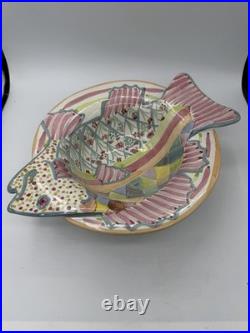 Vtg MacKenzie Childs Fish Story Bowl Plate Red Clay Aurora NY Hand Painte Retire