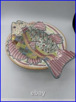 Vtg MacKenzie Childs Fish Story Bowl Plate Red Clay Aurora NY Hand Painte Retire