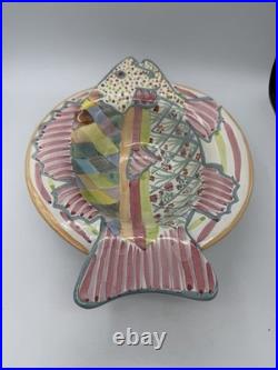 Vtg MacKenzie Childs Fish Story Bowl Plate Red Clay Aurora NY Hand Painte Retire