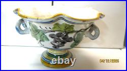 Vtg Majolica Pottery Italian Fruit Bowl Pedestal Dual Handles Hand Painted 9.5