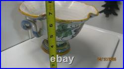Vtg Majolica Pottery Italian Fruit Bowl Pedestal Dual Handles Hand Painted 9.5