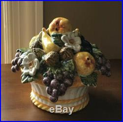Vtg Mid-20th Century French Painted Ceramic Barbotine Fruit Basket Composition