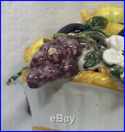 Vtg Mid-20th Century French Painted Ceramic Barbotine Fruit Basket Composition