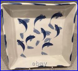 Vtg Miranda Thomas for Simon Pearce Blue Koi Fish 10 Square Art Pottery Bowl