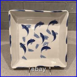 Vtg Miranda Thomas for Simon Pearce Blue Koi Fish 10 Square Art Pottery Bowl