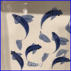 Vtg Miranda Thomas for Simon Pearce Blue Koi Fish 10 Square Art Pottery Bowl