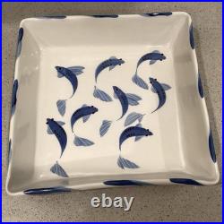 Vtg Miranda Thomas for Simon Pearce Blue Koi Fish 10 Square Art Pottery Bowl