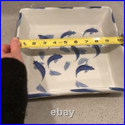 Vtg Miranda Thomas for Simon Pearce Blue Koi Fish 10 Square Art Pottery Bowl