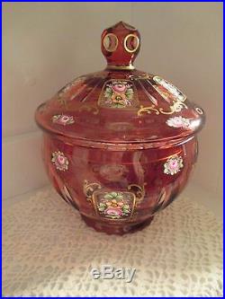 Vtg Moser Cranberry Covered BowlCut to ClearHand Painted RosesPRISTINE