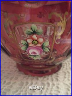 Vtg Moser Cranberry Covered BowlCut to ClearHand Painted RosesPRISTINE
