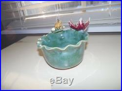 Vtg POTTERY BOWL with YELLOW FROG PINK LOTUS FLOWER & LILY PAD Majolica Weller
