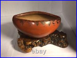 Vtg Rare Maricopa Pottery Canoe bowl 5 long 2 1/2 high 3 wide on wood stand