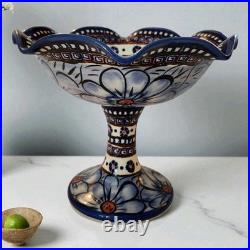 Vtg Rare Polish Pottery Unikat Pedestal Bowl Blue Heaven Floral Fluted Rim 7.5T