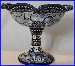 Vtg Rare Polish Pottery Unikat Pedestal Bowl Blue Heaven Floral Fluted Rim 7.5T