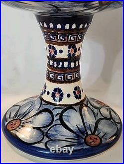 Vtg Rare Polish Pottery Unikat Pedestal Bowl Blue Heaven Floral Fluted Rim 7.5T