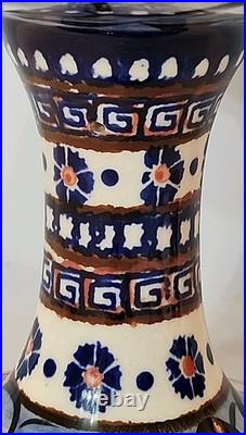 Vtg Rare Polish Pottery Unikat Pedestal Bowl Blue Heaven Floral Fluted Rim 7.5T