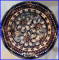Vtg Rare Polish Pottery Unikat Pedestal Bowl Blue Heaven Floral Fluted Rim 7.5T