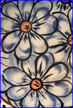 Vtg Rare Polish Pottery Unikat Pedestal Bowl Blue Heaven Floral Fluted Rim 7.5T